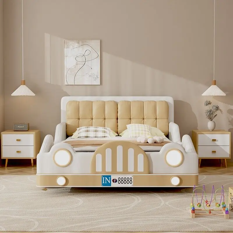 *Modern Creamy Style Kids Car Bed with Padded Headboard Cute Cartoon Off-road Vehicle Shaped Children Bed for Boys Girls