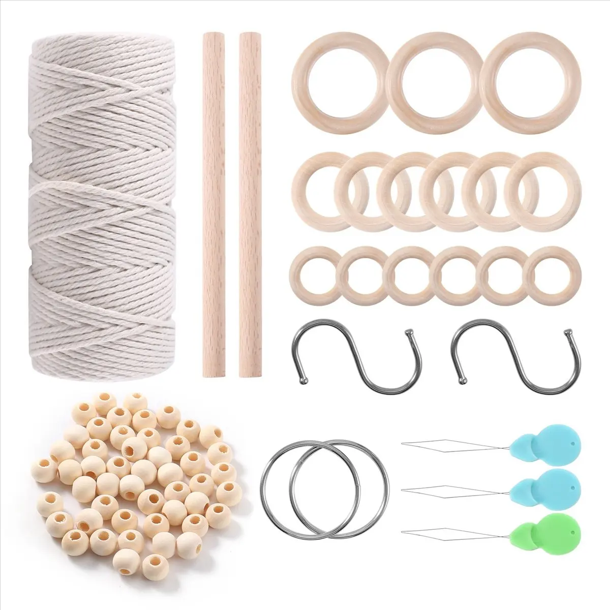 DT38 Macrame Cotton Cord 3mm with Macrame Beads Wooden Rope Wooden Rod with Hooks for Plant Wall Hangers Macrame Kit