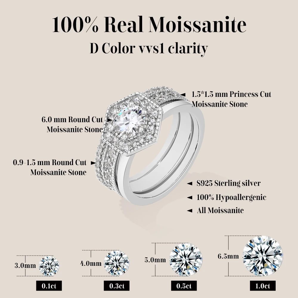 MintyBox Luxury D VVS1 Color Moissanite Rings for Women 925 Sterling Silver 3pcs Stackable Ring Wedding Bridal Sets Fine Jewelry