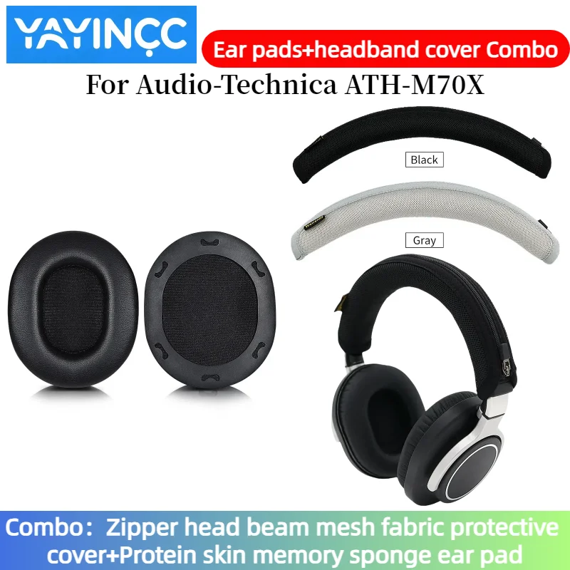 

YAYINCC Replacement Protein skin Ear pads+Zipper headband cover Combo for Audio-Technica ATH-M70X M70 Headphones repair parts