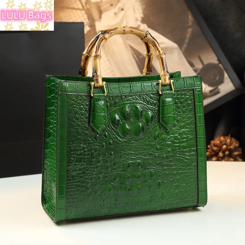 

Brand Genuine Leather Bamboo Women's Handbags Crocodile Pattern Lady Portable Tote Bag Mom Tide Shoulder Messenger Bags