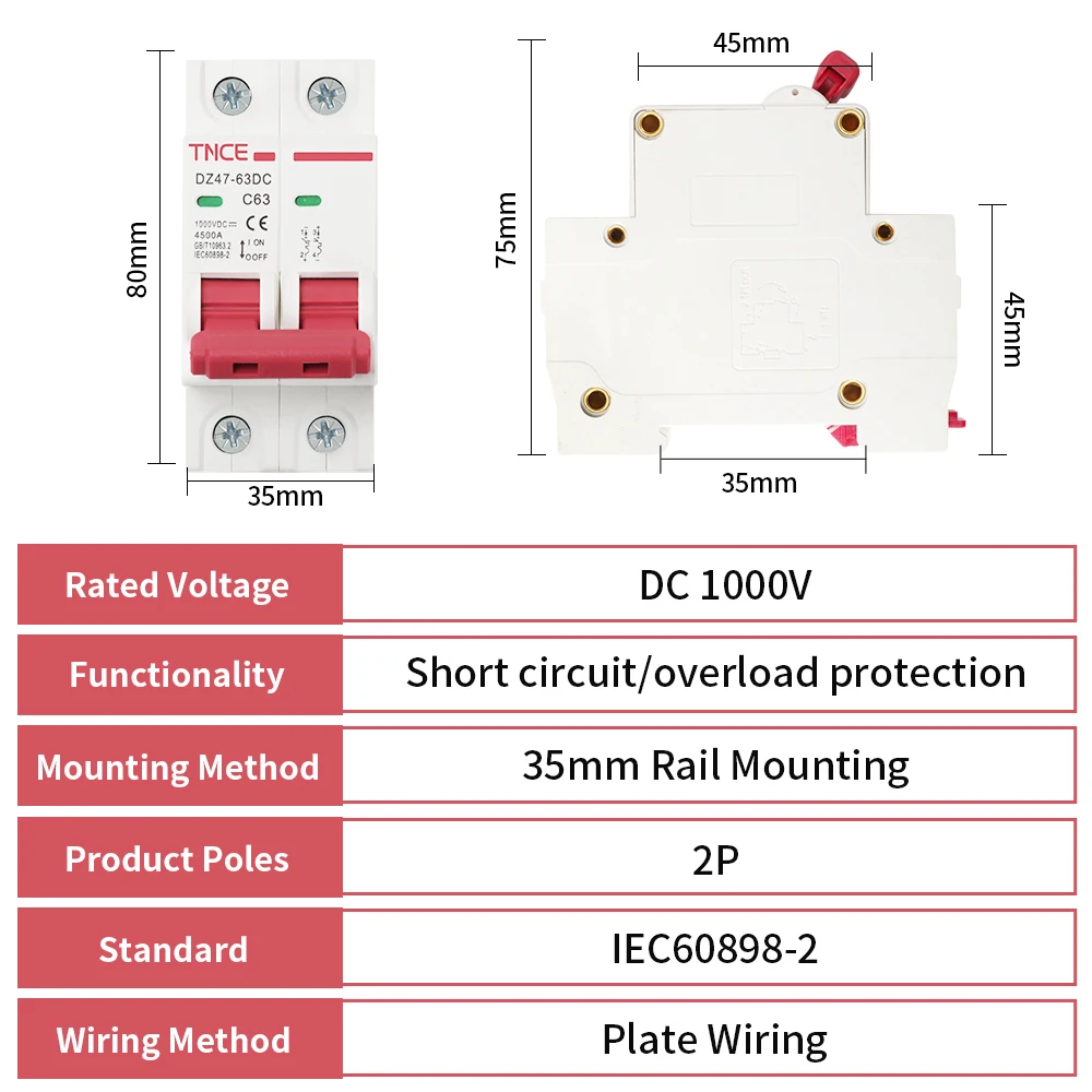 TNCE DC1000V Solar Mini Circuit Breaker, Overload short circuit Protection Switch, 10/16/20/25/32/40/63A 2P Photovoltaic MCB PV