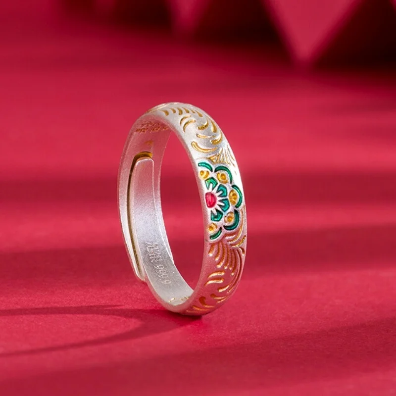 

New Pure Silver999Enamel Gold-Plated Treasure Flower Arabesque Pattern National Style Pure Silver Ring for Women