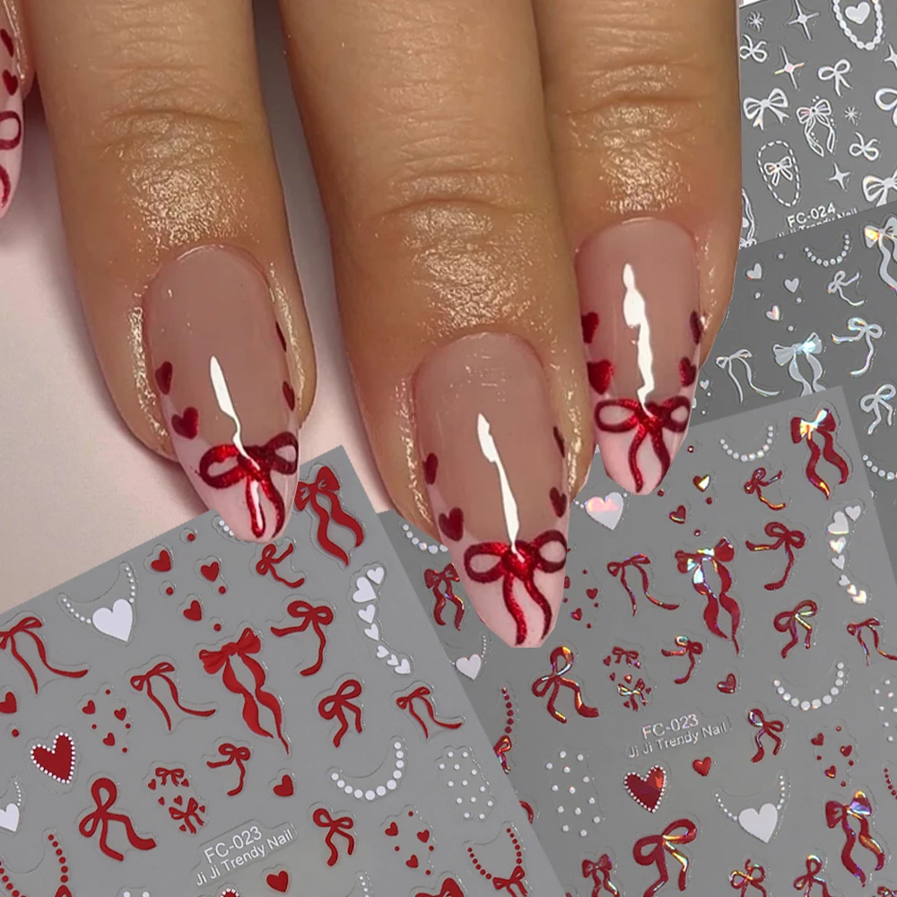 

1/4pcs 3D Valentine's Day Red Ribbon bowie Nail Art Stickers Cute Love Heart Dotted French Line Adhesive Nail Decal Nail Supply