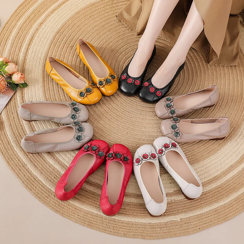 

Newest floral real leather flats women's shallow mouth shoes woman flat heel moccasins ladies soft vintage driving flats loafers