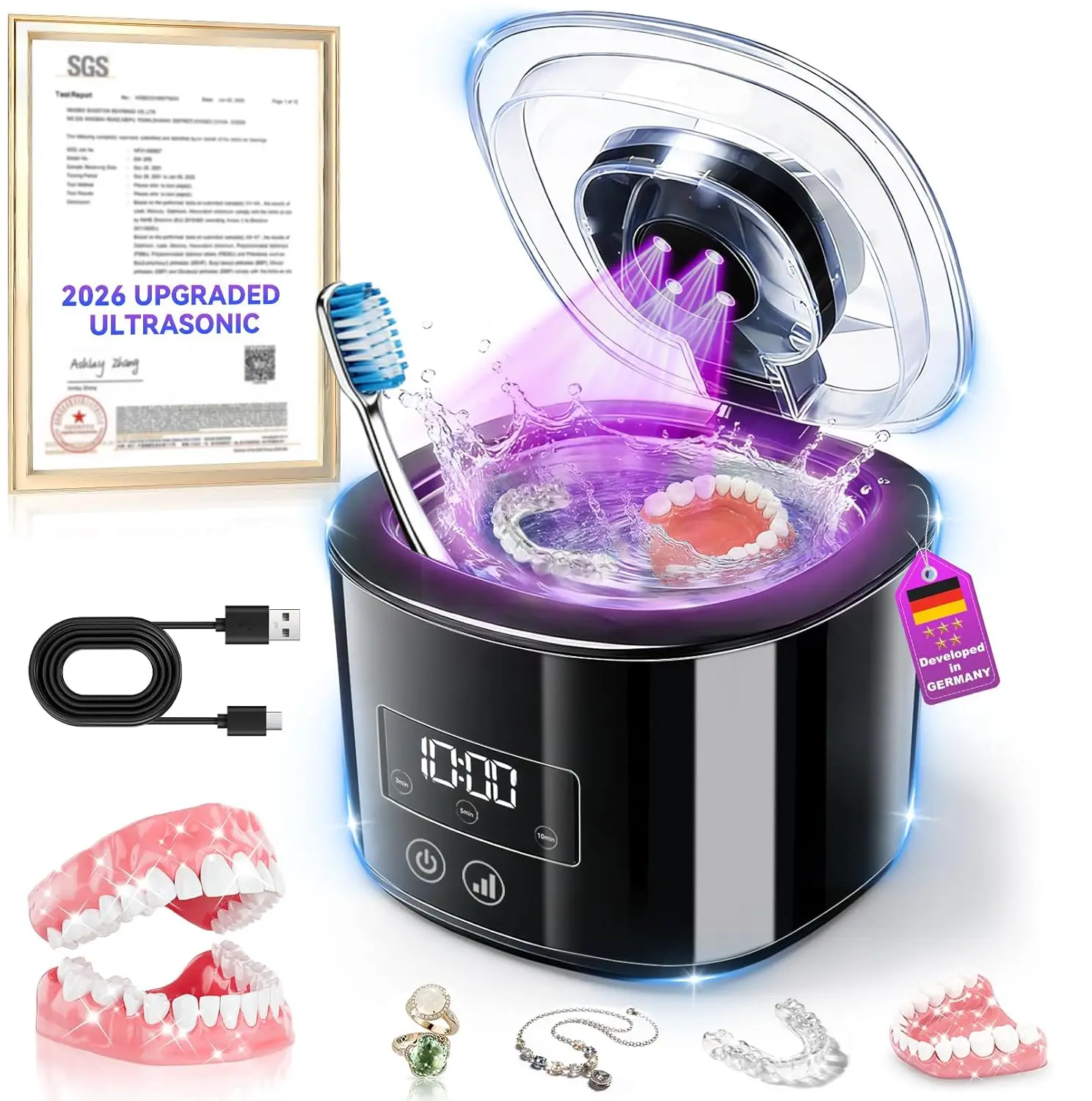 

Upgraded Ultrasonic Retainer Cleaner with German Motor, 50KHz Ultrasonic & Smart Chip for Dentures, Braces, Jewelry
