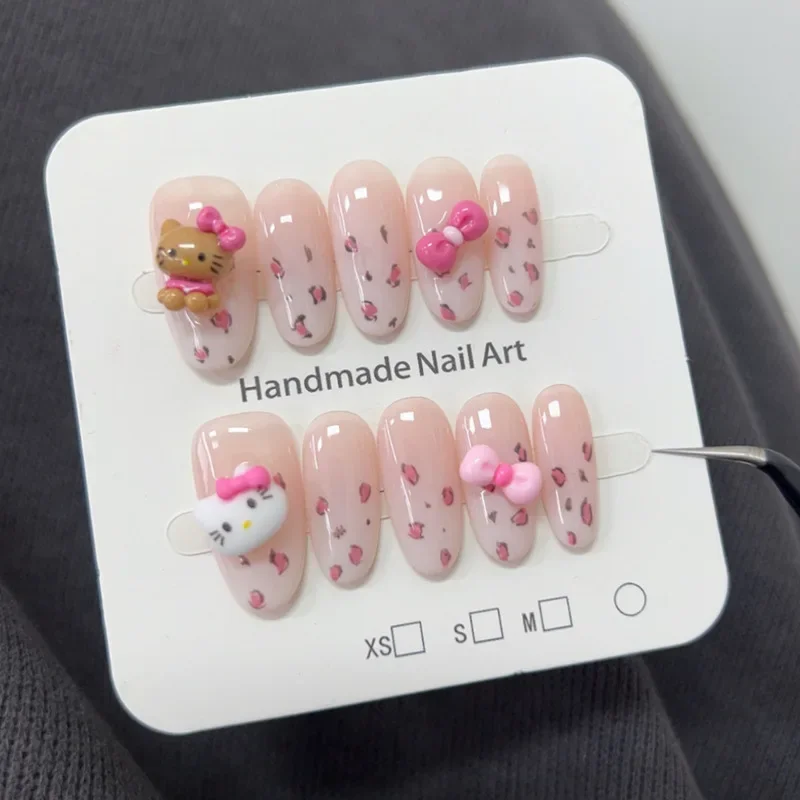 Cute HelloKitty Fake Press on Nails Leopard Print Bows Design Almond Handmade False Nail Sweet Girl Acrylic French Nail Tips