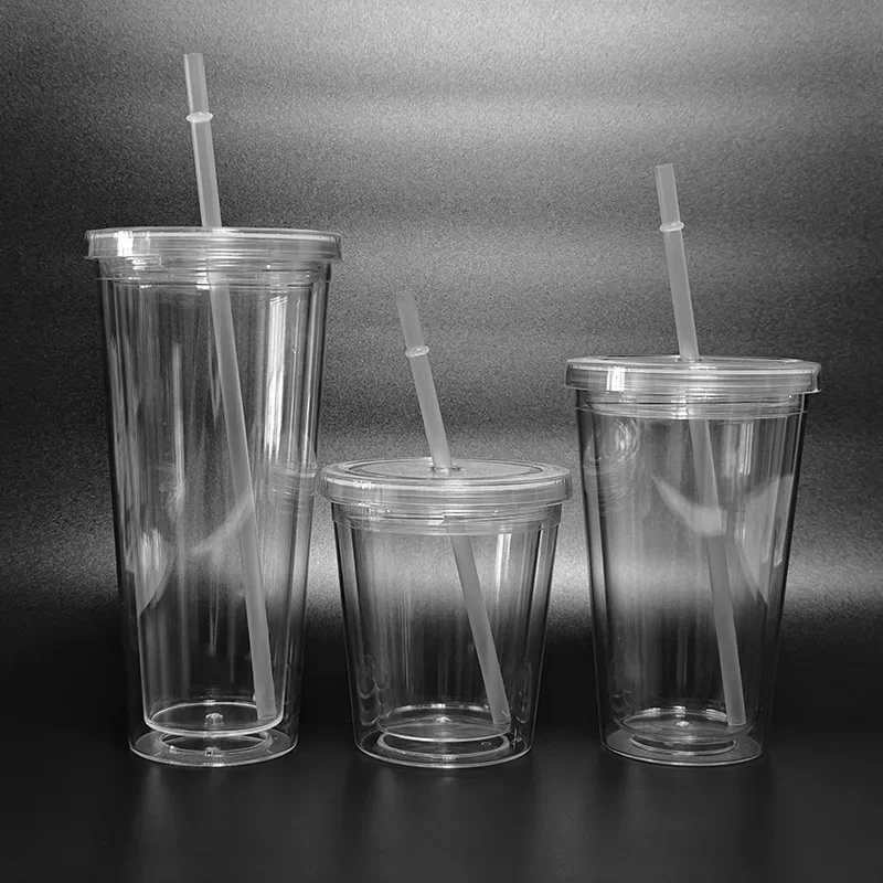 1pc 350/450/650ml Double-walledIce PlasticIced Tumbler Cold Drink Travel Mug Coffee Juice Tea Cup With Straw Reusable Smoothie