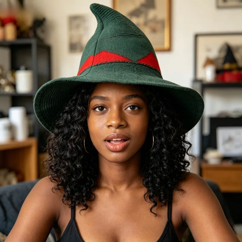 Lightweight Crochet Witch Hat Two Tone Wizard Cap for Adults Adjustable Size & Soft Fabric Great for Halloween Costume Stage