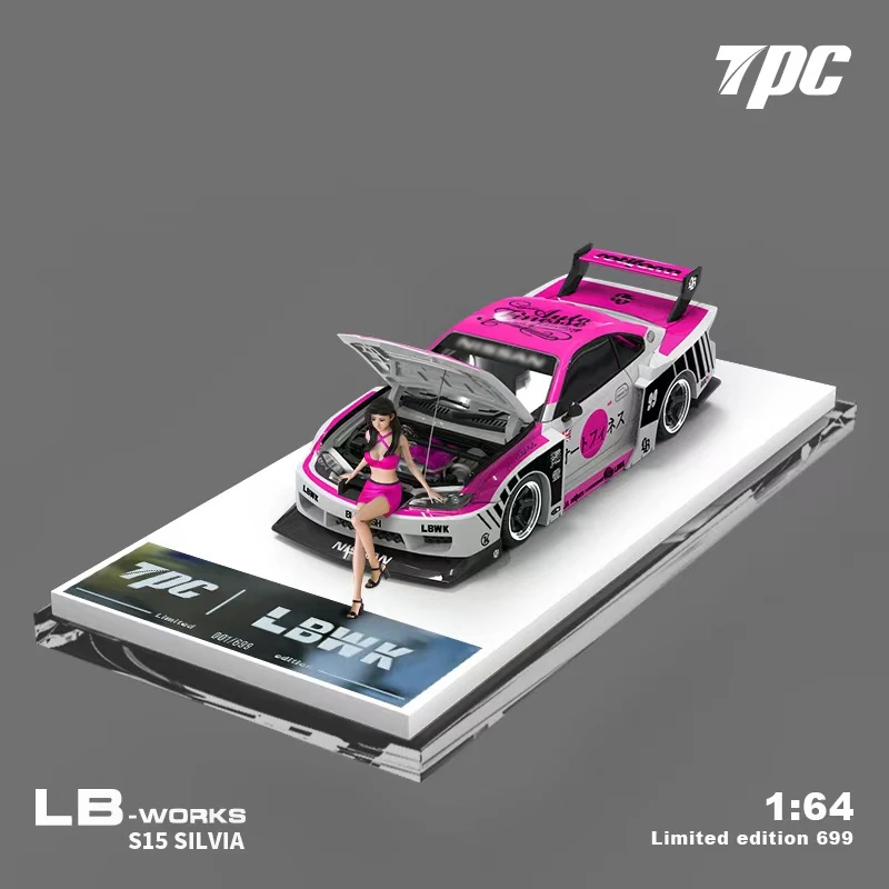 TPC-Modèle de voiture Silvia S15 LB avec capot ouvrant, super silhouette, moulé sous pression rose, collection TimeMicro, 1:64 LBWK, prévente