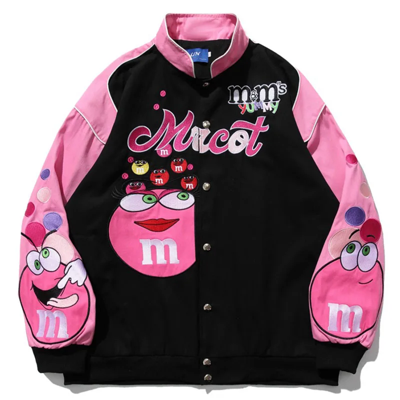 Men Anime Embroidery Varsity Jacket Spring Color Matching Loose Motorcycle Baseball Uniform Couple Street Hip Hop Bomber Jackets