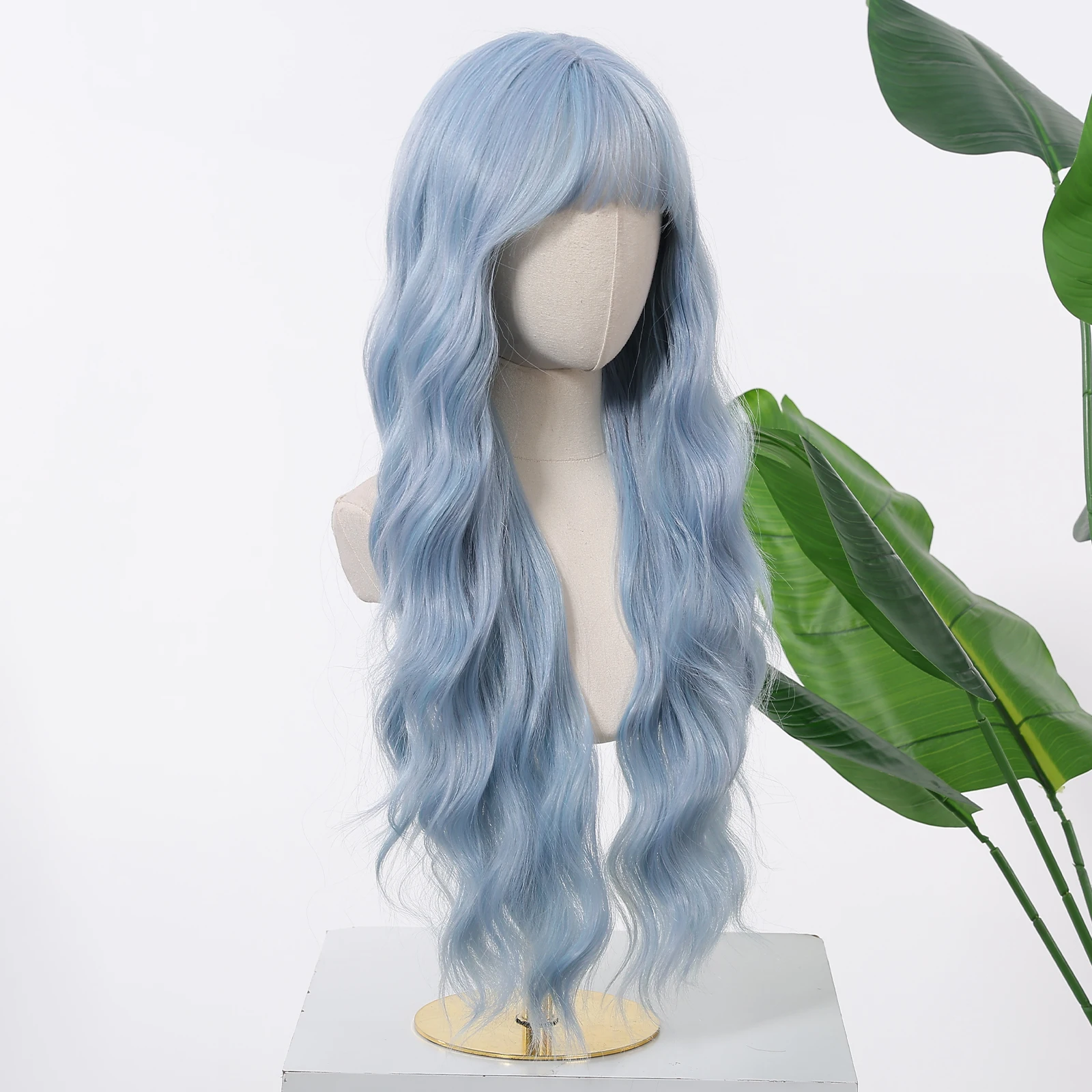 Allbell Magique Blaue Haarperücke mit Pony, lange gewellte synthetische Perücke, babyblaue lockige Perücke für Frauen, täglicher Partygebrauch, hitzebeständig – Detail 6