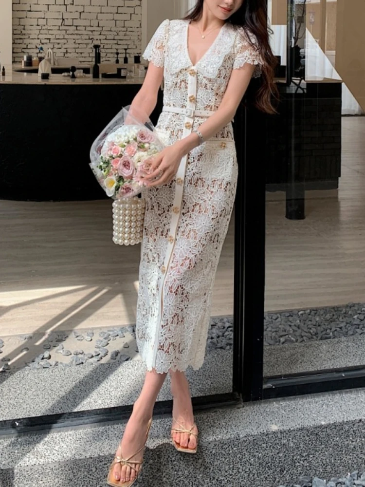 

High Quality Lace Midi Dress White Short-sleeved Dinner Wedding Dress Elegant 2024 New in Summer Woman Evening Clothing