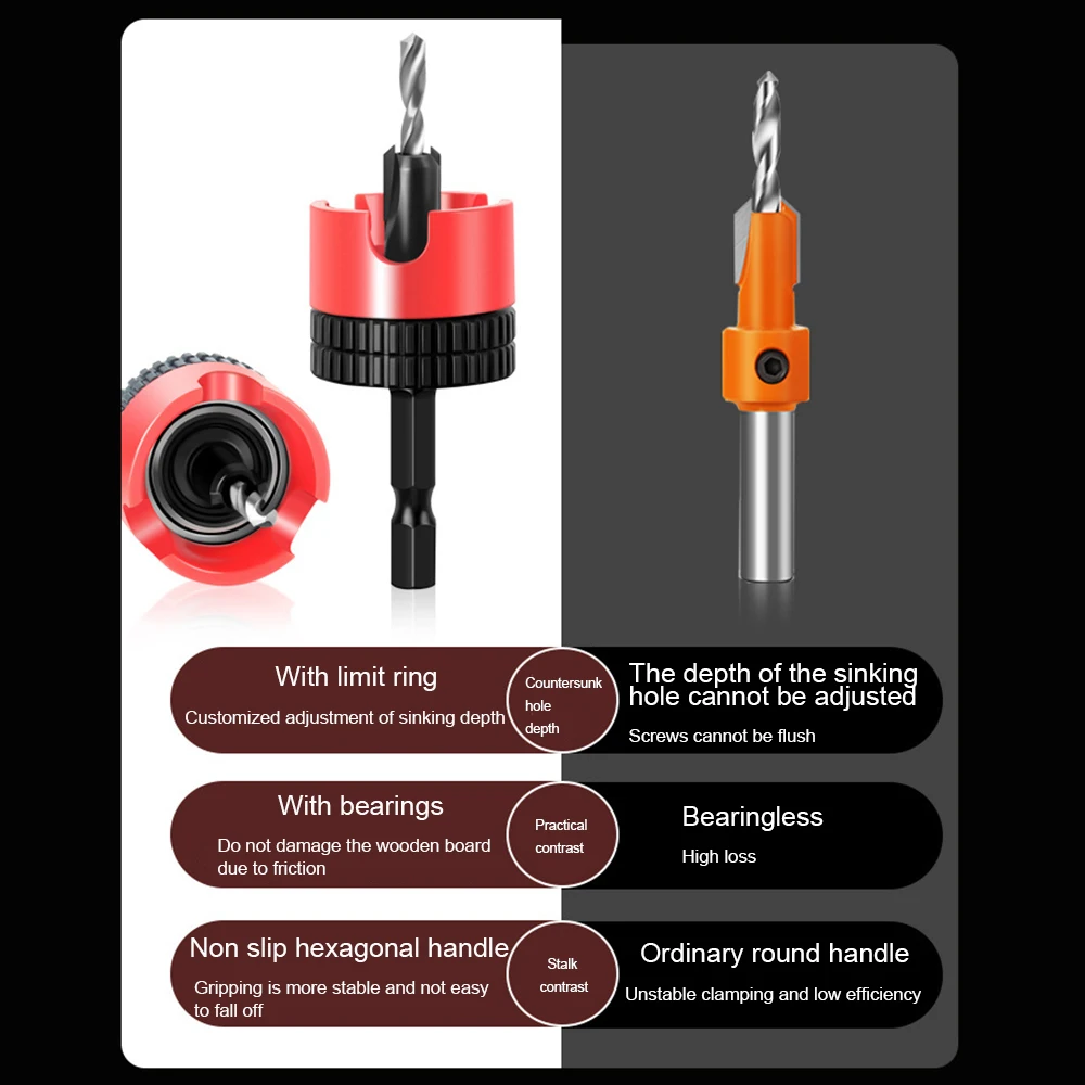 1PC Woodworking Limit Countersink Drill  Non Slip Hexagonal Shank With Bearing Adjustable Step Drill Countersink Screw Opener