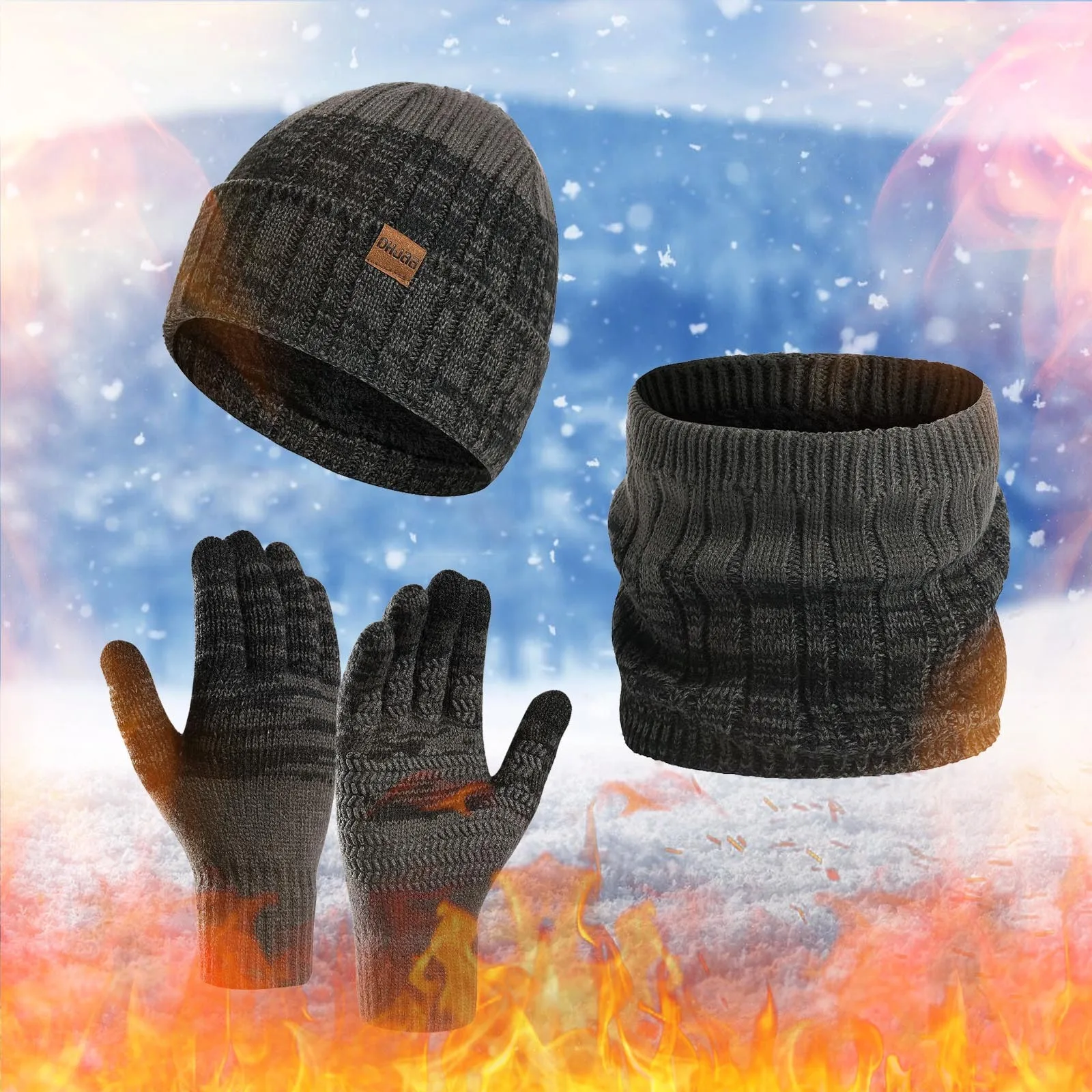 Herren Winter warm halten Set Unisex Mütze Tele finger Handschuhe Fleece Futter Schal männlich Wollgarn gestrickt Schall dämpfer Hals Gamasche Hut