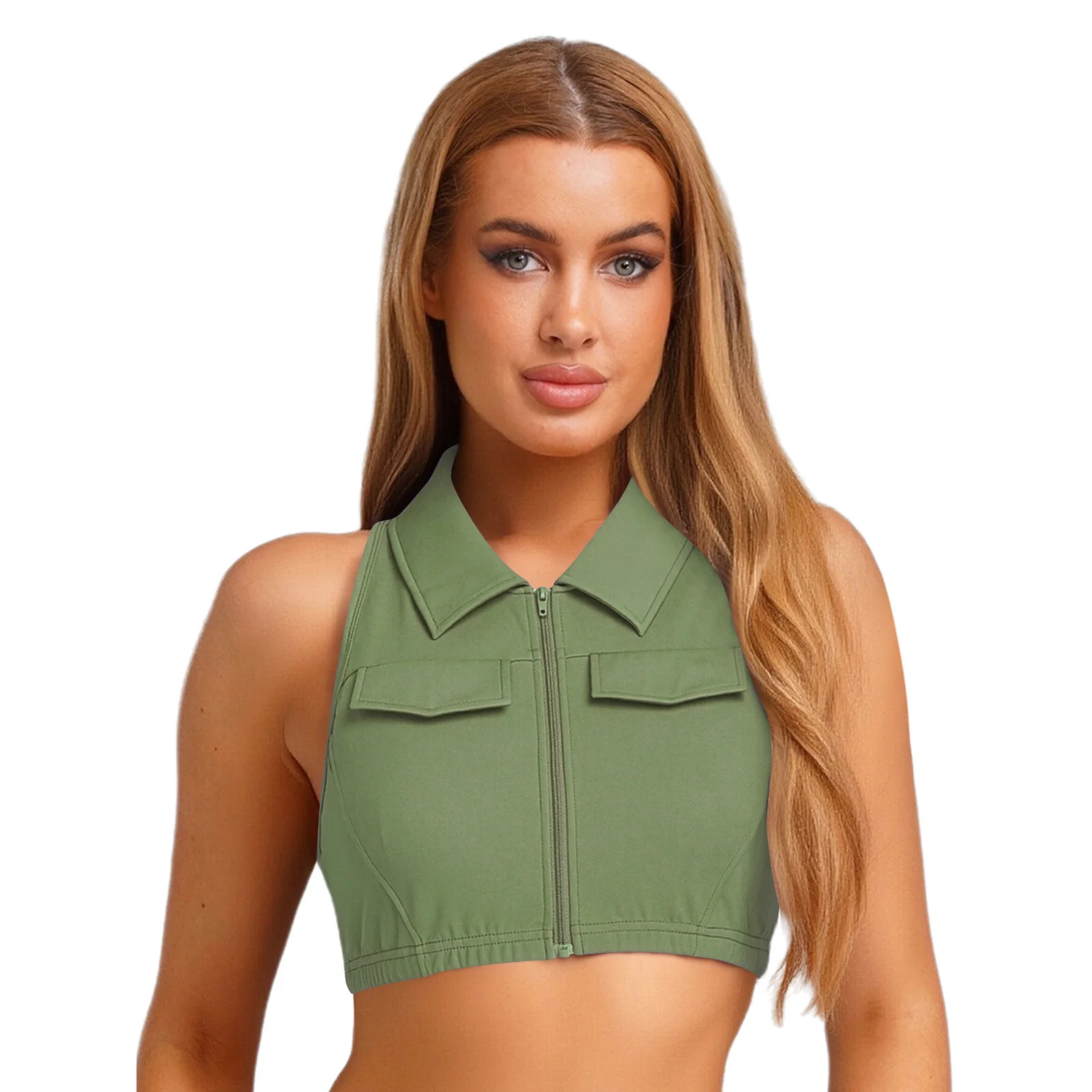 

Женский жилет-карго на молнии с отложным воротником, укороченный топ без рукавов со съемными нагрудниками для тренировок в тренажерном зале, фитнеса, йоги