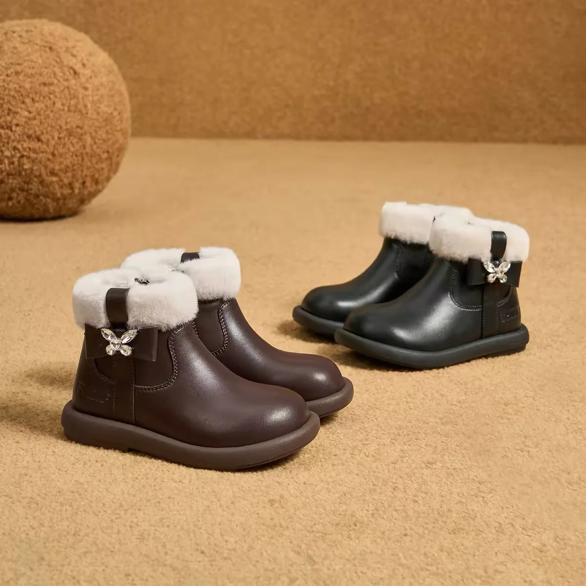 Kids'Snow Boots PU Leather Winter Fashion Outdoor Thick Bottom Shoes For Children Warm Anti-slip Black Brown Shoes Size 26-37