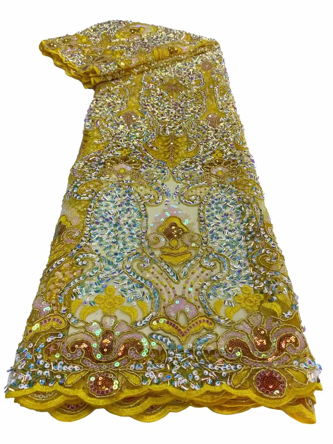 

Haute Couture Designer Bone Rope Lace Fabric Sequins Lace Beaded Pearl Fabric Crafts For Evening Dress Cloth