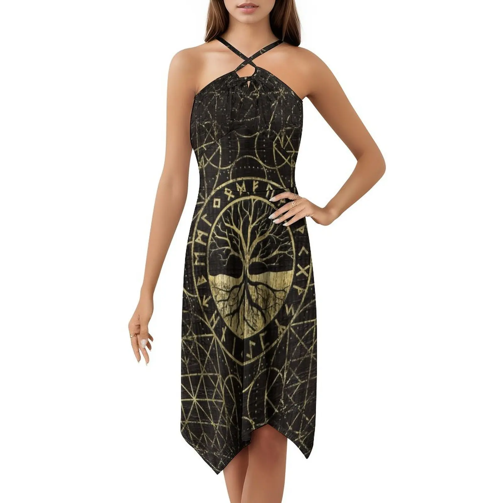 فستان بوهيمي عتيق من Tree Of Life-Yggdrasil and Runes بأكمام منتفخة أو خيارات بدون أكمام للنساء فستان شجرة الحياة #5