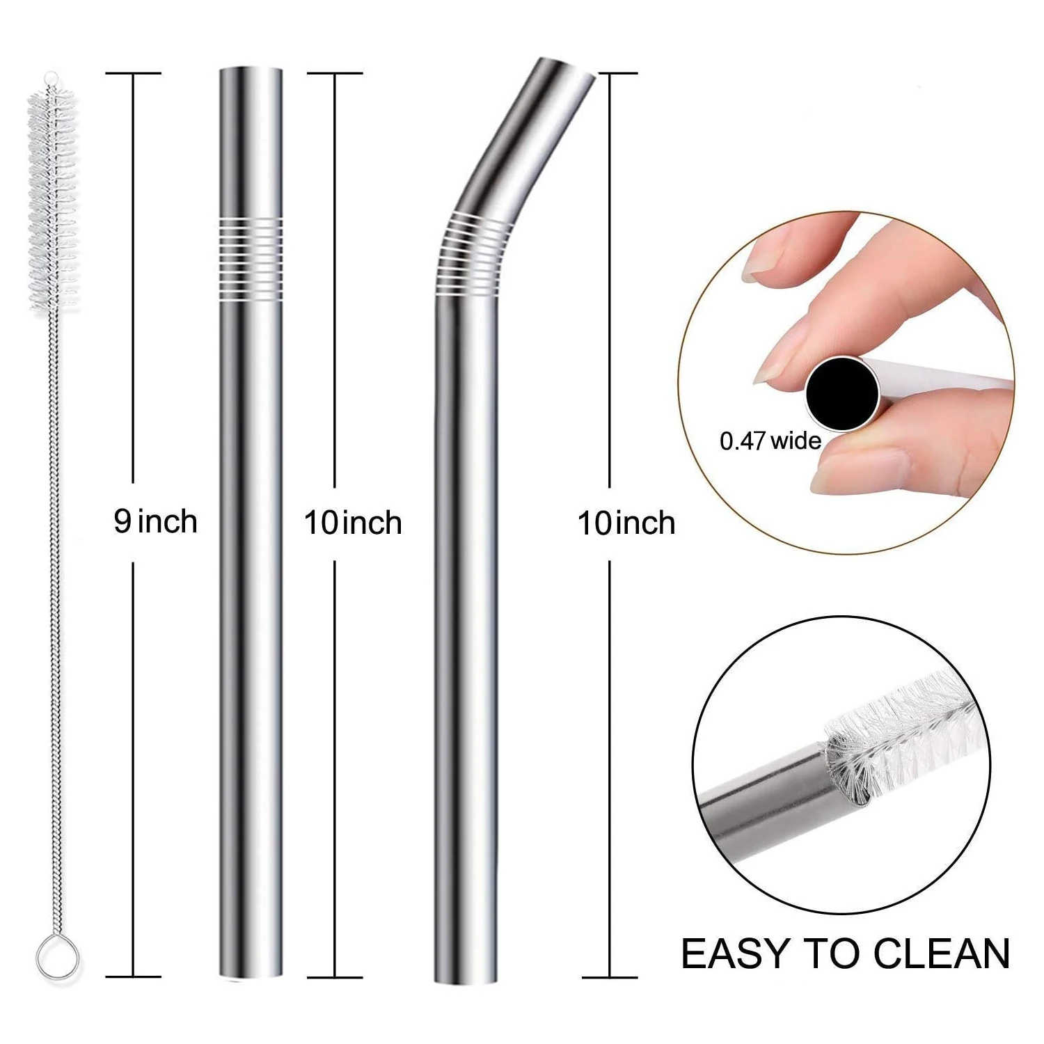 Stainless Steel Smoothie Straws, 0.4\'\' Extra Wide Reusable Metal Drinking Straws for Smoothie, Set of 4 with 1 Cleaning Brush