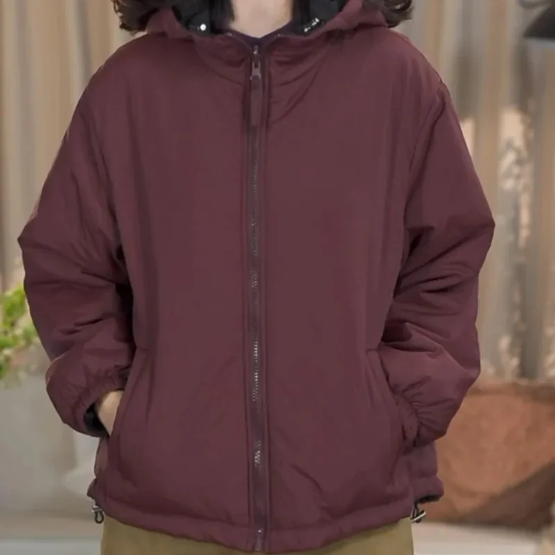 Lady Casual Patchwork Parkas Coat Korean Women Wear On Both Sides Cotton Top Winter Femme Fashion Drawstring Down Cotton Jacket