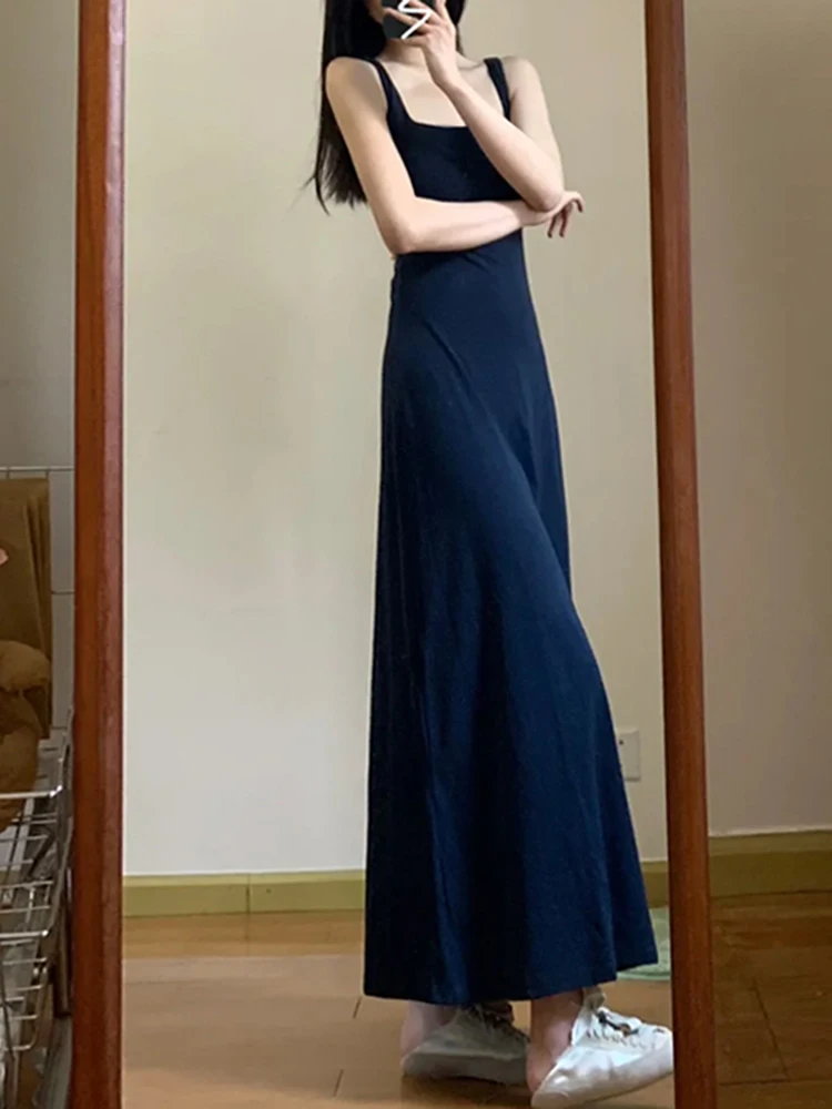 French Solid Color Summer New Women Dress Sweet Elegant Lady Simple Woman Dress Slim Basic Sleeveless Dress Dark Blue Female