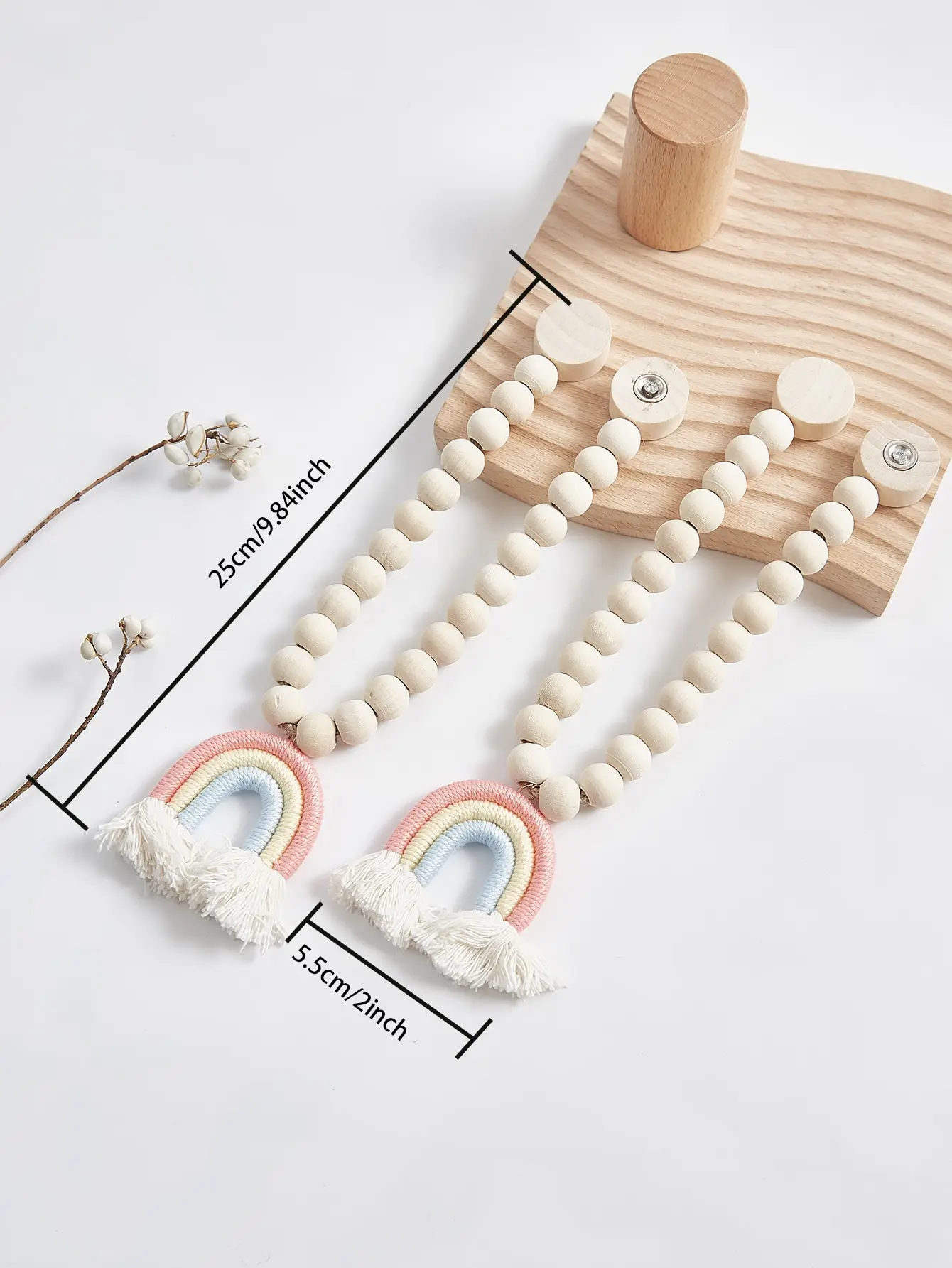 2 ชิ้นไม้ลูกปัดผ้าม่าน Tiebacks,พู่ผ้าม่านหัวเข็มขัดแม่เหล็กผ้าม่านหัวเข็มขัด,สายรุ้งพู่ผ้าม่าน Tiebacks สีชมพู