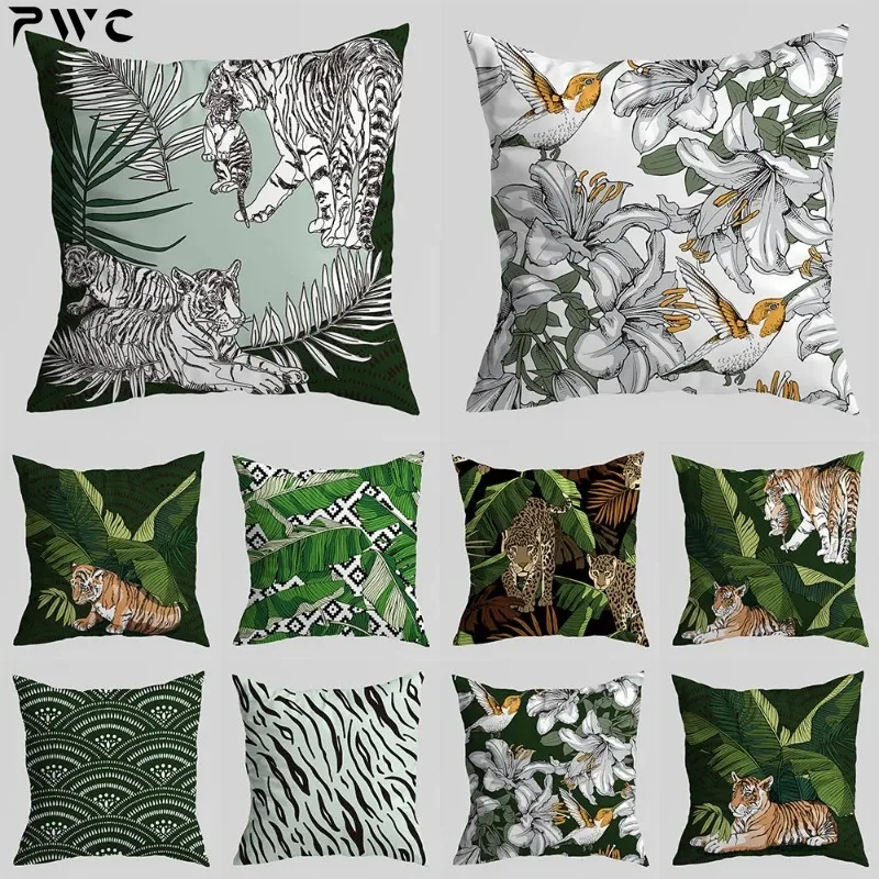 

Tropical Green Tiger Printing Pattern Cushion Cover for Home Sofa Decoration Square Polyester