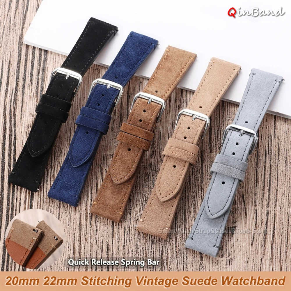 Suede Strap Watch - สายนาฬิกาวินเทจหนังวัวกลับขนาด 20 มม. 22 มม. พร้อมตะขอเกี่ยวแบบปลดเร็ว