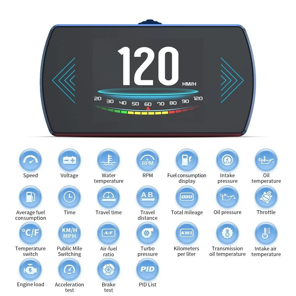 Car HUD Display OBD2 Connected Speed Tachometer Water Temp Voltage Fuel Economy Oil Temp Air Fuel Ratio Diagnostic Interface