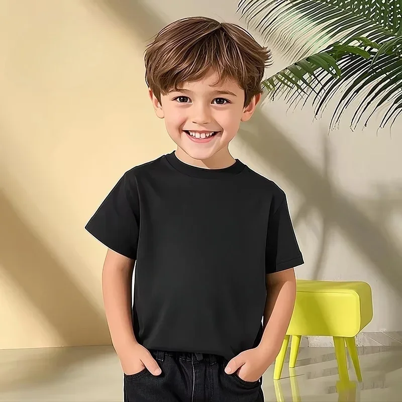 T-shirt d’été pour enfants, garçons et filles, en tissu 100 % coton, 180 g/m², style mignon, couleur unie blanche, manches courtes.