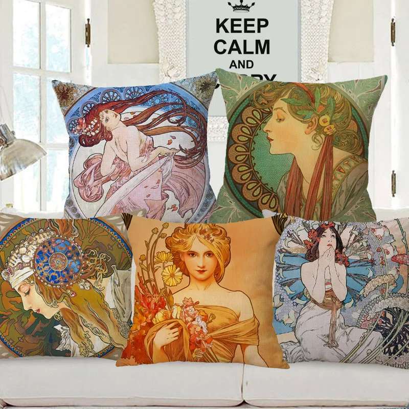 Alphonse Mucha Beauty Portrait Painting Cushion Cover Lady Exhibition Poster PillowcaseDecorative Pillows For Sofa