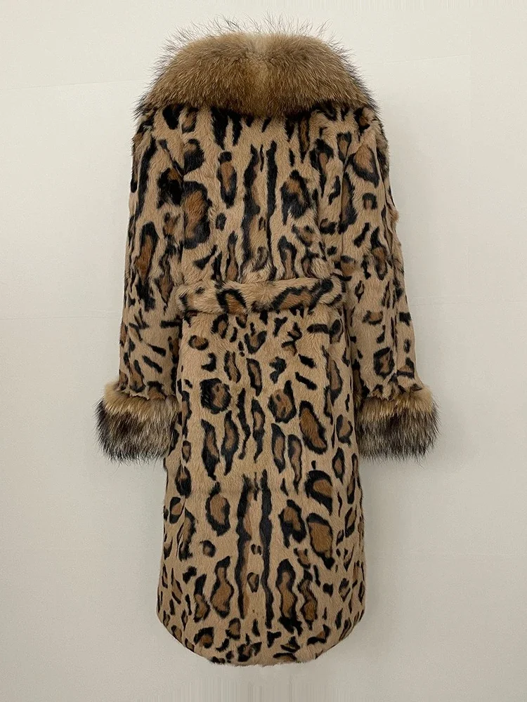 Women Fashion Autumn Winter Leopard Print Clothing Long Fox Collar Fur Jacket One-piece Thick Warm Real Rabbit Fur Jacket