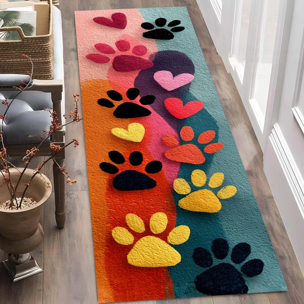 Gradient Color Paw Print Heart Abstract Art runner rug hallway entry foyer pet room cottage condo sunroom durable mat gift