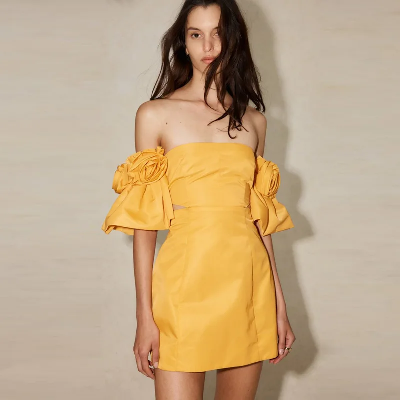 

Off Shoulder Yellow Satin Dress Mini Woman Clothes Custom Made Party Dress Short Sleeve With Handmade Tie Flowers Custom Made