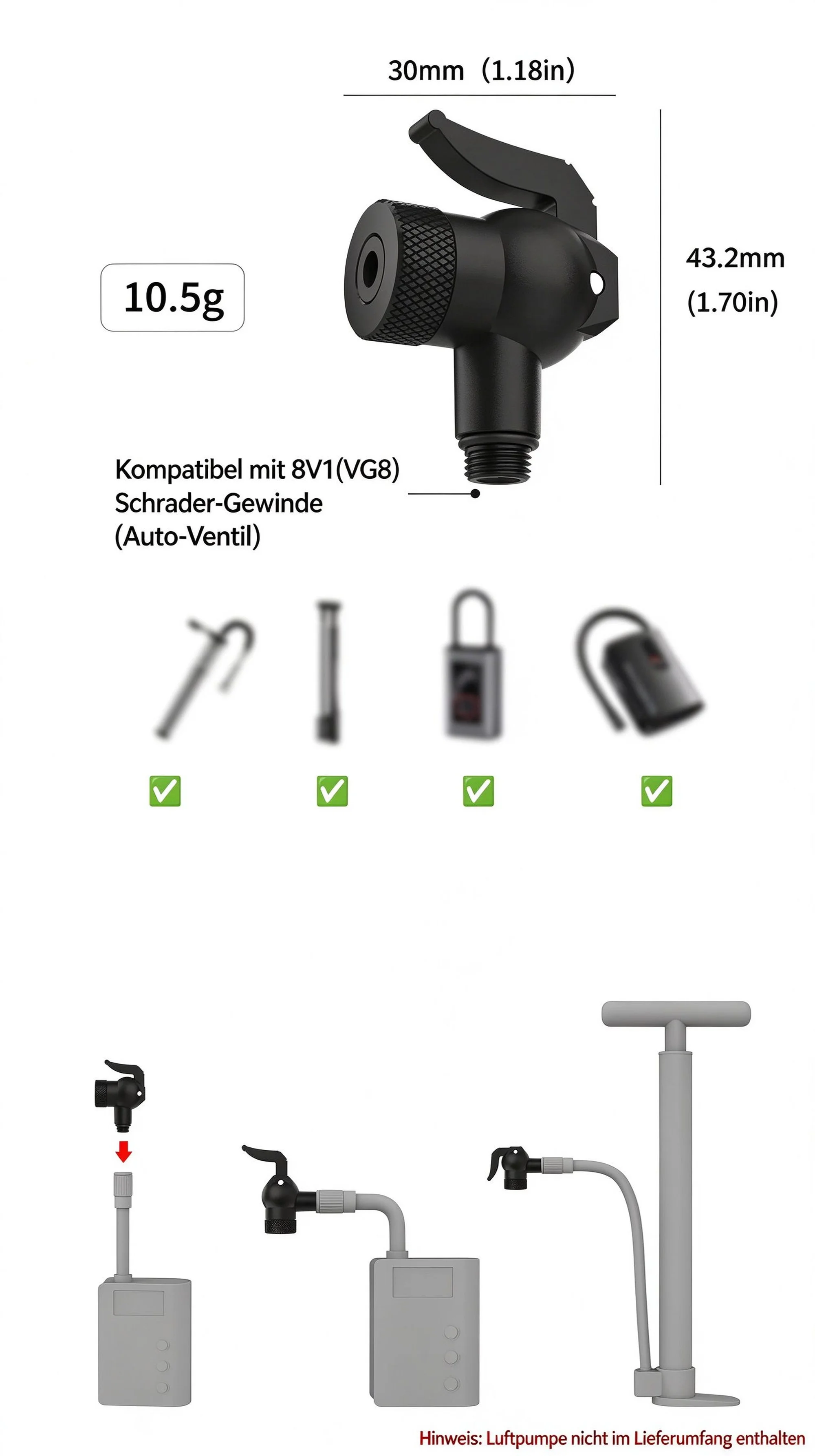 Fahrrad-Luftventiladapter, Schnellkupplung für Luftpumpen, Passend für Presta/Schrader/Clik/Dunlop – Detail 5