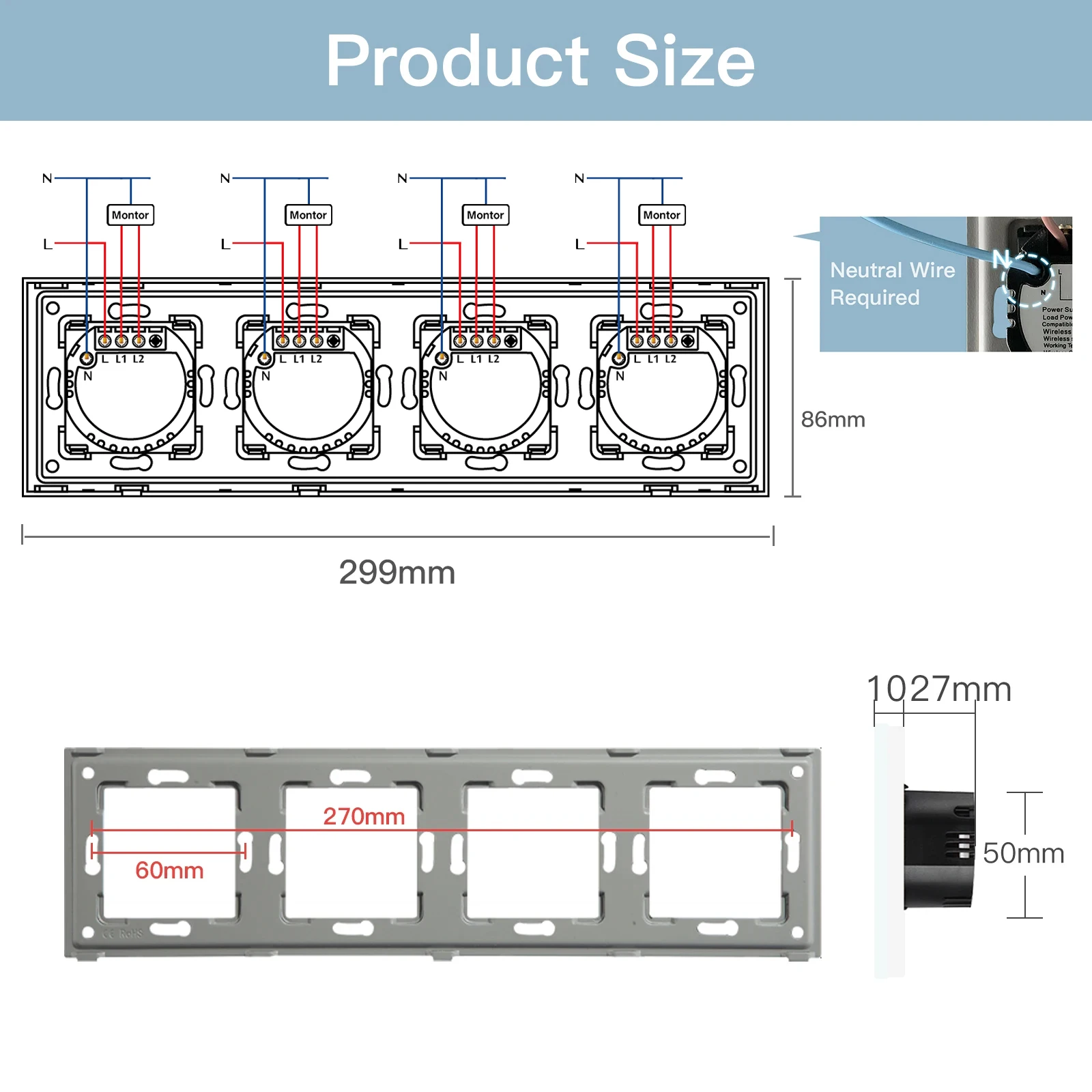 BSEED Four Wifi Roller Shutter Switches Tuya Smart Blinds Switch Smart Life Alexa Alice App Control EU Standard Glass Panel