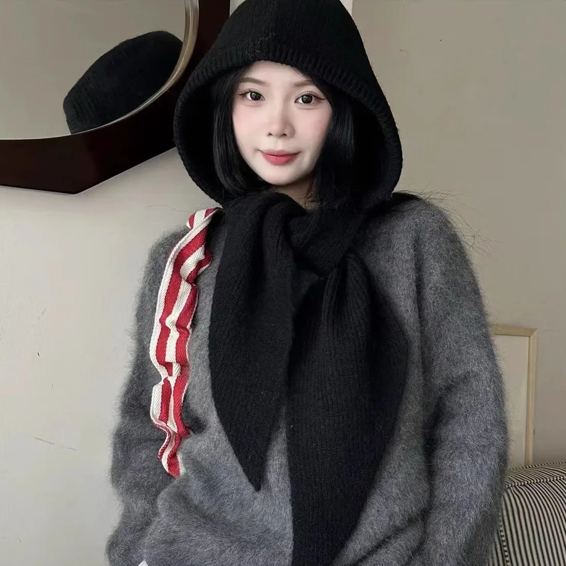 

2024 Autumn Winter Women New Solid Color Wool Blend Knitted Hat Shawl Integrated Long Thickened Warm Scarf Neck Protection Y2K