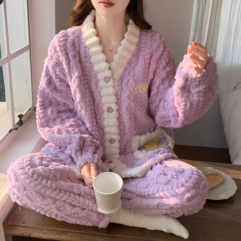 Women's Coral Fleece Pajamas Autumn and Winter Students Ins Fleece Thickened Warm Flannel Can Be Worn Outside Loungewear Set