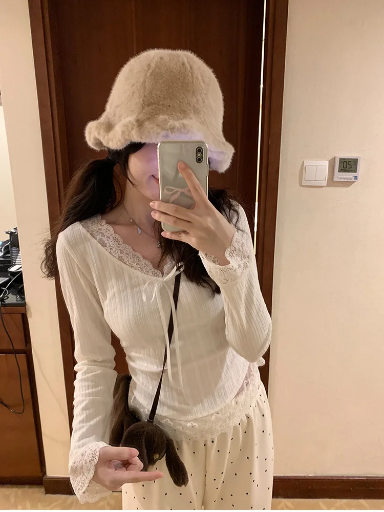 Dongda Gate dentelle v-ne tricoté Base irt femmes longue Sve noeud taille coupe ajustée doux au toucher décontracté Sle haut