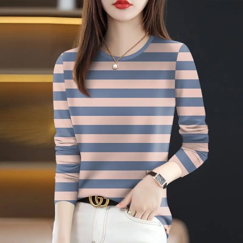 

Elegant Striped Long Sleeve T-Shirt Women's Casual Top Belly Covering Slimming Mommy Clothes Middle-Aged Leisure Female Wear