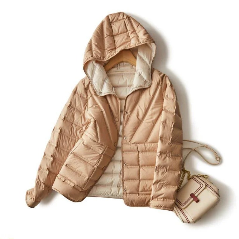 Two-Sided Winter Women Single Breasted Warm Hooded Down Jacket Parkas Light Thin White Duck Down Coat Lady Short Puffer Outwears