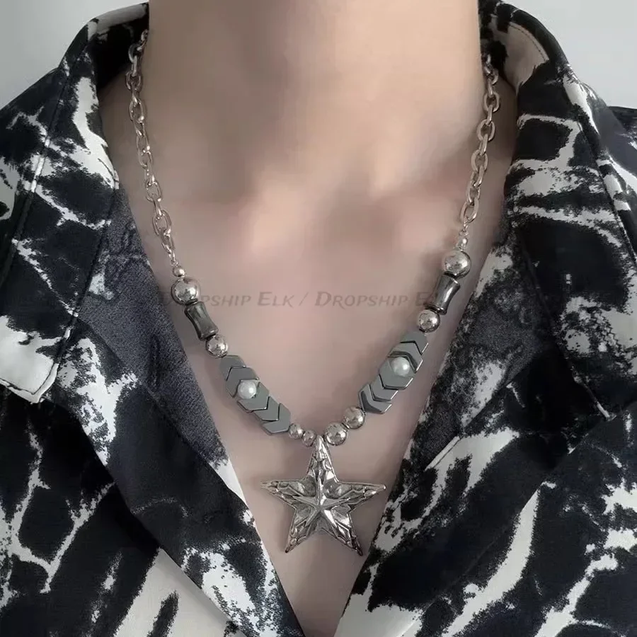 Kpop 고딕 스타 펜던트 블랙 비즈 목걸이 여성 남성 펑크 패션 단순 남여 Y2K 매력 초커 칼라 체인 쥬얼리