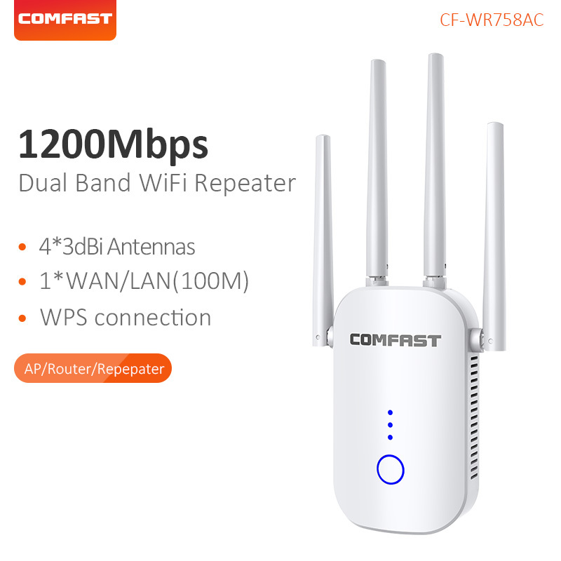COMFAST 1200Mbps WiFi Repeater Wireless WiFi Range Extender Dual Band Repeater 2.4/5Ghz Wi fi Booster 4 Antenna CF-WR758AC