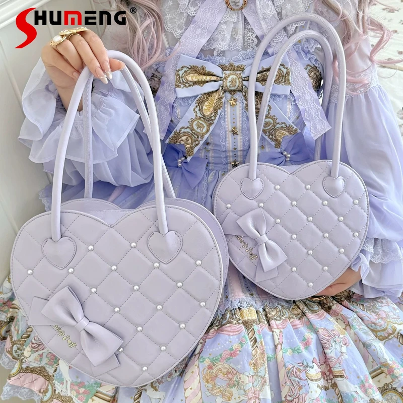 

Kawaii Japanese Lolita Heart Purse Pearl Decor Bow Design Elegant Handbag Crossbody Bag For Women's Y2k Beautiful Shopping Bags
