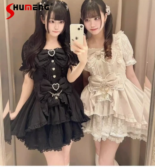 

Japanese Liz Mine Sweet Cute Bow Lace Splicing Slim Fit Short Sleeve Dress and Skirt Set Two Piece Sets Womens Lolita Outifits