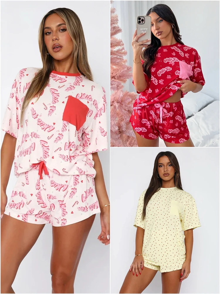 Dopamine Girl's Summer Thin Short Sleeve Sleepwear Set Cute Cartoon Home Clothes Cotton Knitted Short Pants for Youth