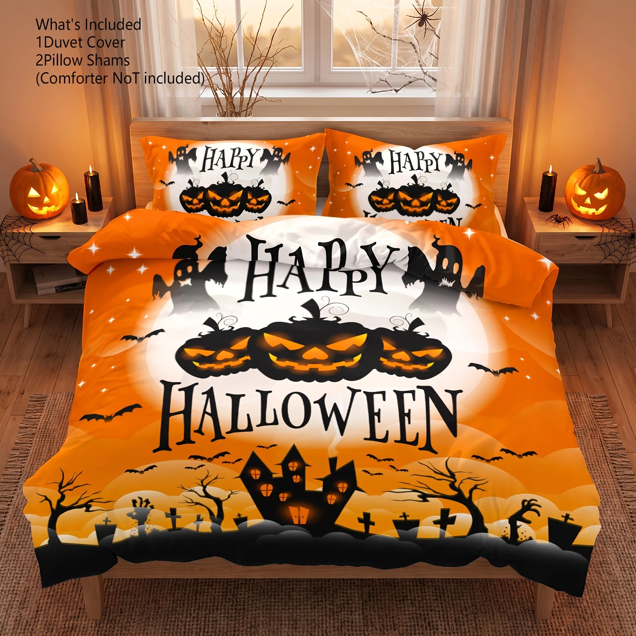 Halloween Digital Print Duvet Cover Set AB Version Double-Sided Pumpkin Quilt Cover with Pillowcases
