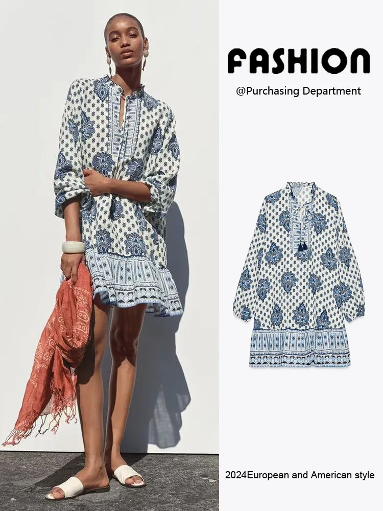 

Comfortable Printed Long Sve V-Ne Dr Women's New Arrival Summer Faionable Ethnic Sle Stage Costume