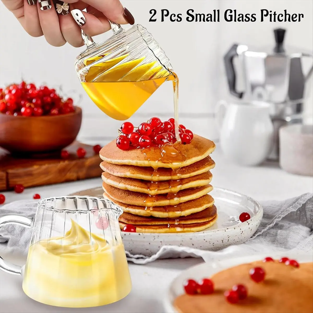 AA77 NEW 2 Pcs Glass Pitcher, Wave Shaped Glass Creamer Pitcher, Glass Tea Pitcher, Coffee Milk Creamer Pitcher, Milk Frothing